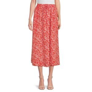 Ganni Red Floral Print Pull On Midi Skirt Size 34/2 NWT